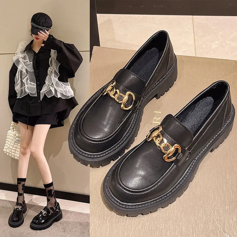 British retro round toe flat heel shoes for women in black glossy finish showing side view