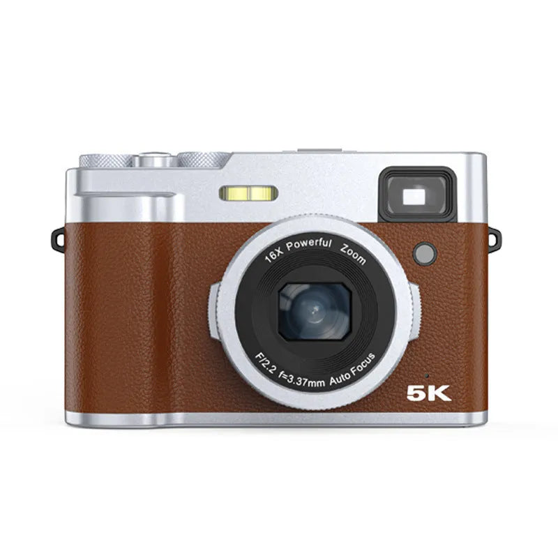 Black 5K HD digital camera with dual lenses, a 2.88-inch screen, and optical viewfinder on top.