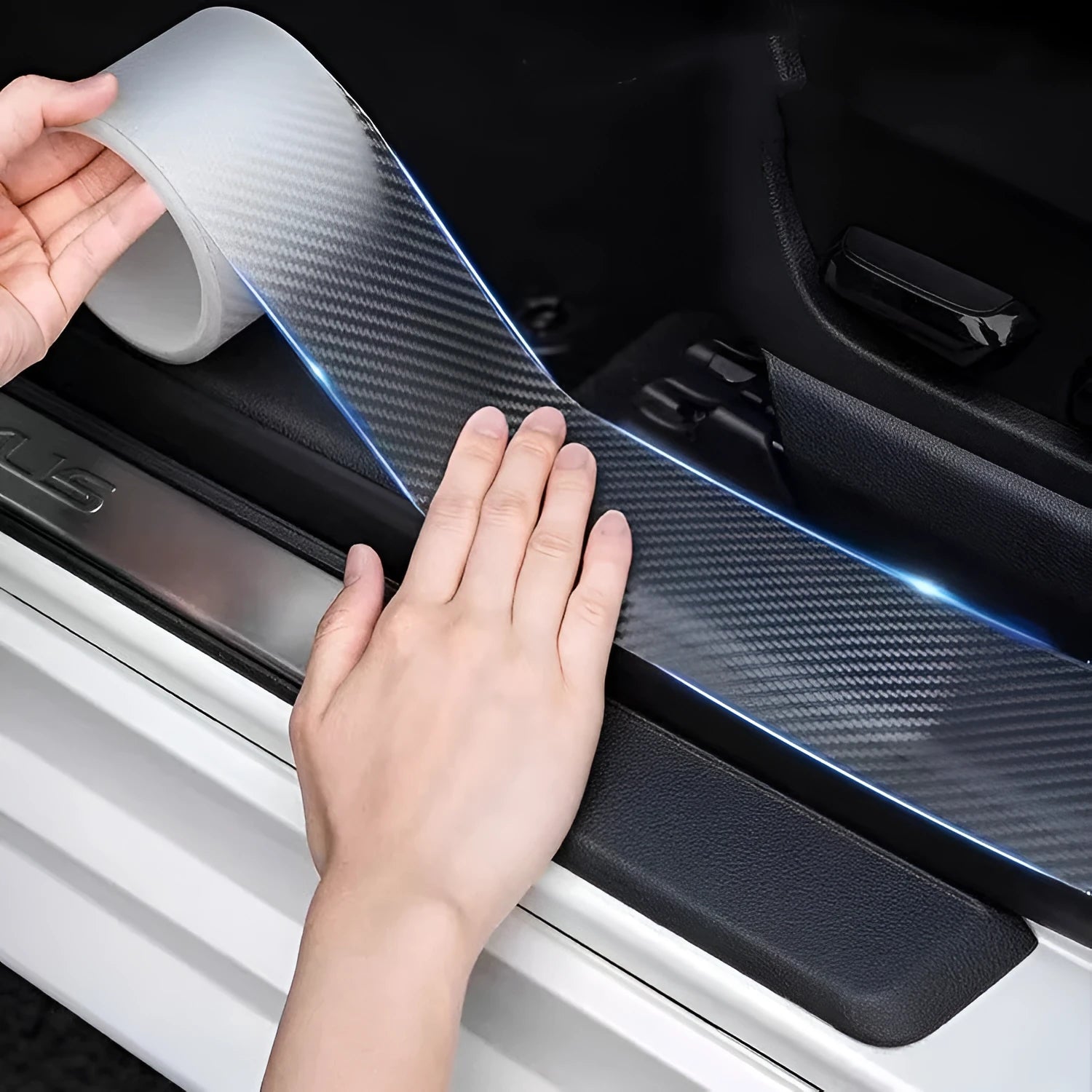 Roll of clear carbon fibre anti-collision film with scraper and utility knife for car door edges