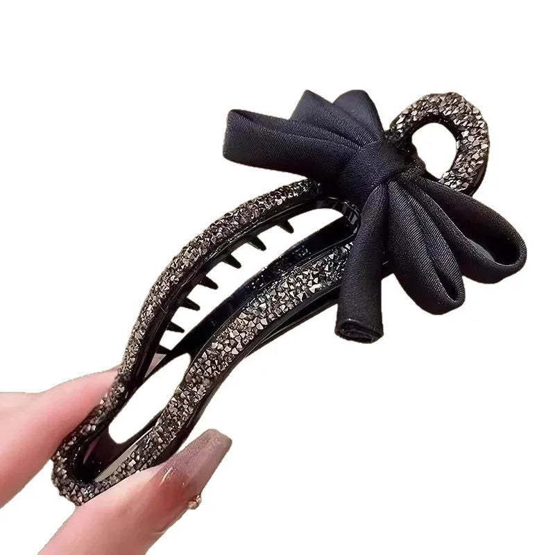 Black crystal bow acrylic hair claw 11.5cm total length, manual processed women's updo accessory