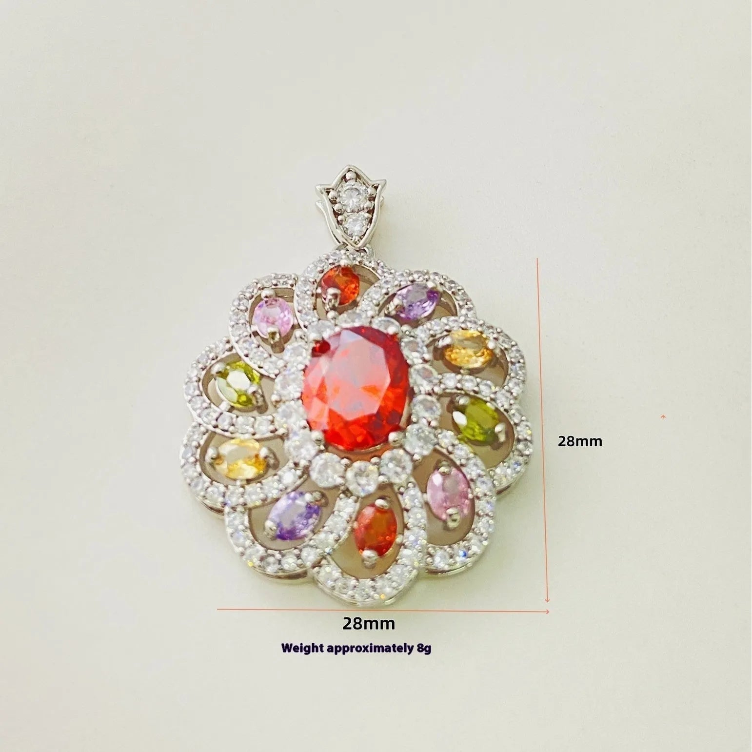 Women's floral pendant necklace with a colourful zircon stone in a gold, champagne gold, or platinum colour metal setting.