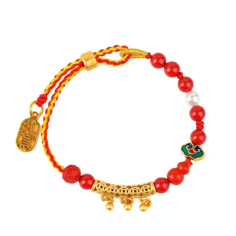 Hand-woven cinnabar red rope bell-bracelet with round geometry national style design