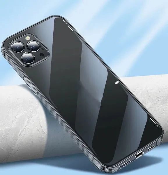 Customised acrylic couple phone case in transparent finish for iPhone showing a personal design on silicone rubber body