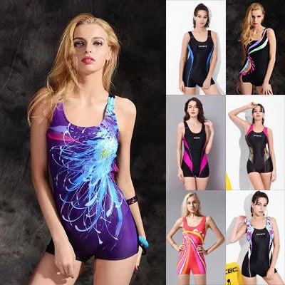 Women's sleeveless one-piece swimsuit in quick-dry polyester, shown in a black and blue colour variant.