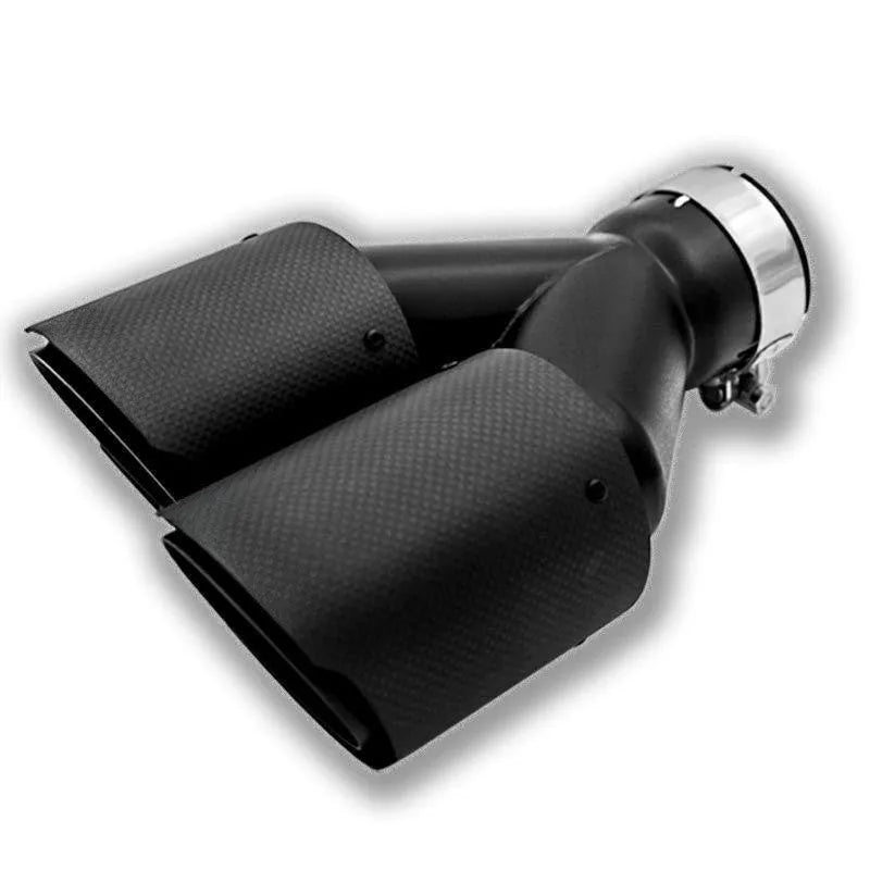 Black carbon fibre car exhaust pipe with double outlet design showing 250mm measurement