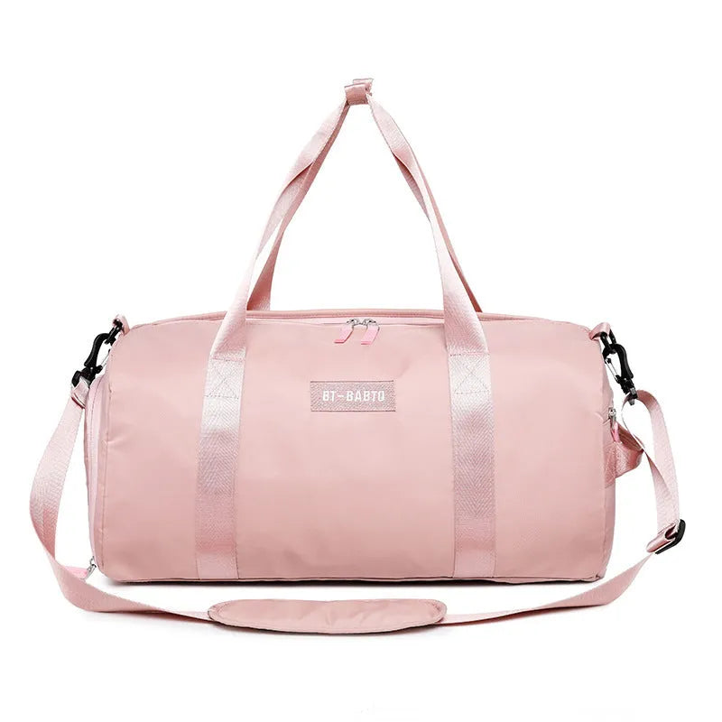 Beige nylon sports bag with contrast colour letter pattern on a white background