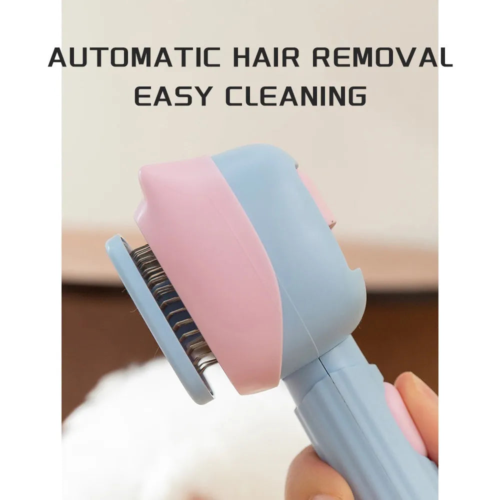 Blue double-sided pet grooming brush with deshedding teeth and dematting comb, 195mm long