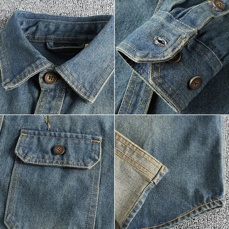 Men's light blue washed vintage denim shirt with loose cardigan style and long sleeves