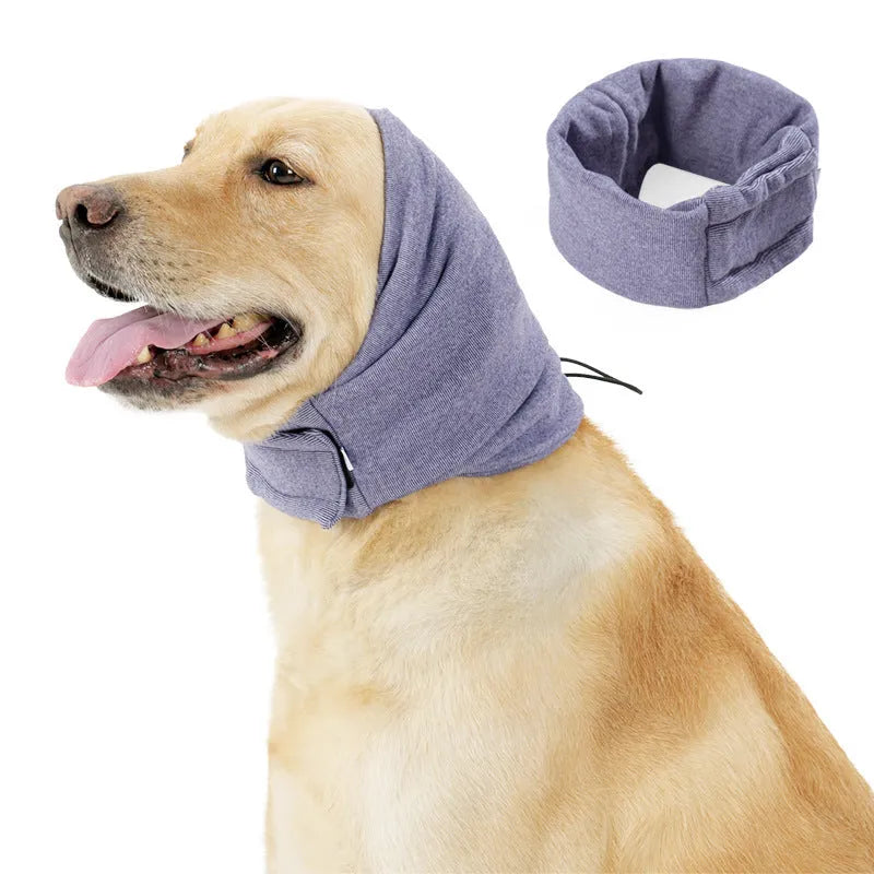 Black dog calming hoodie with ear muffs and closure, sized for medium dogs