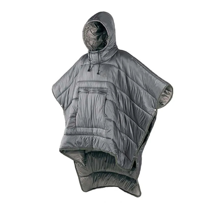 Army Green outdoor cloak sleeping bag worn as a cape, showing its 200cm length and nylon fabric.