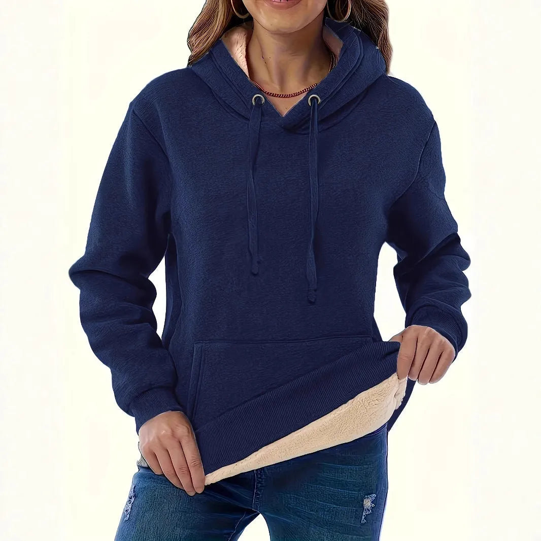Women's loose fit grey hooded sweater with 3D raised pattern and front pocket