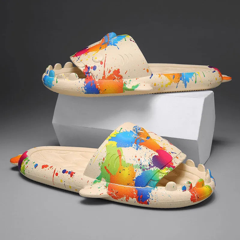 Shark-themed open toe EVA slippers for home wear, shown in beige colour.