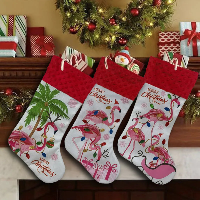 Flamingo Christmas stocking decoration measuring 46cm by 28cm in cloth material