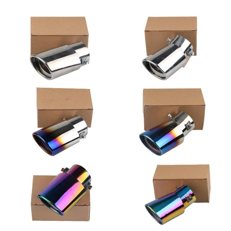 Stainless steel car exhaust tail pipe in baked blue finish, 140mm long, universal fit