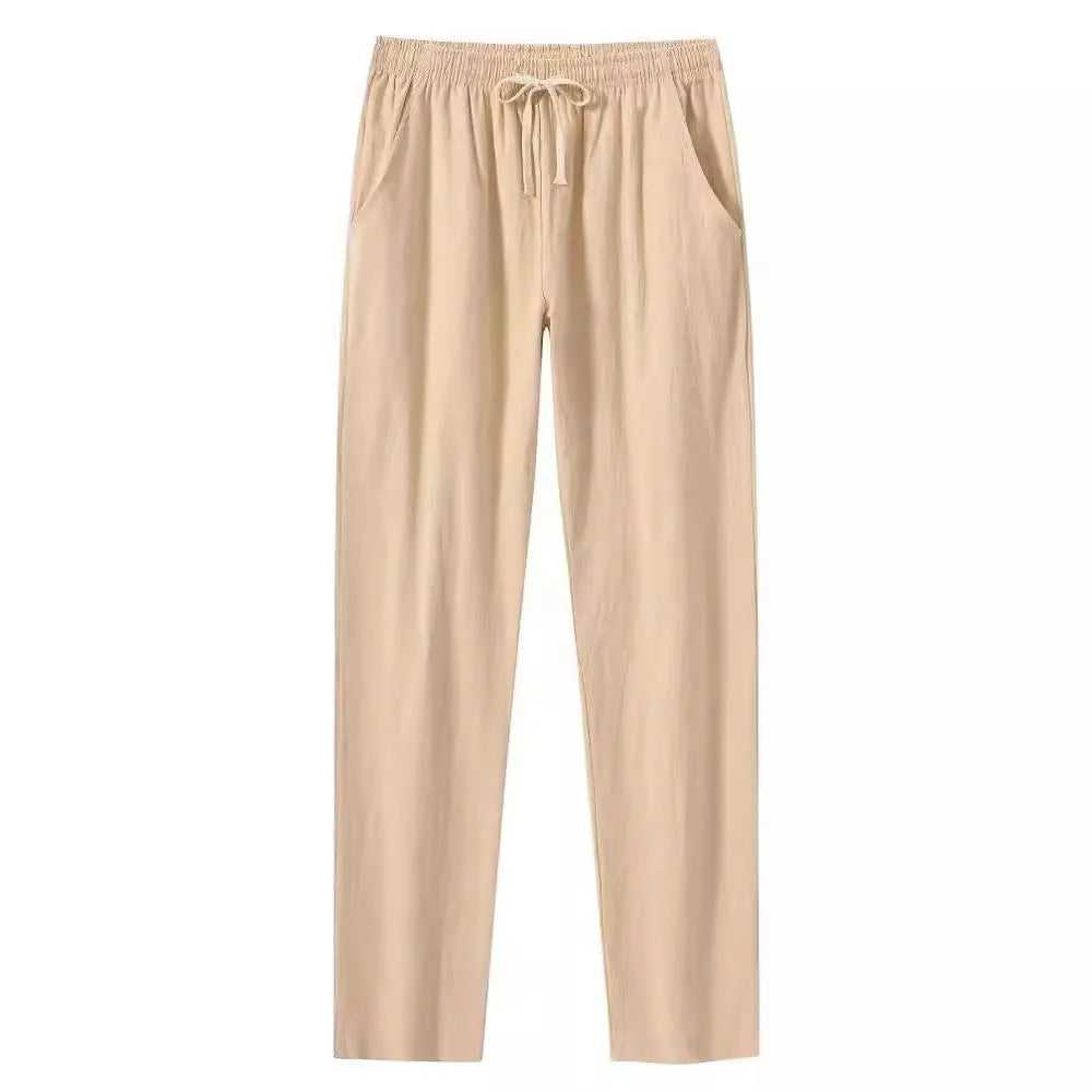 Men's cotton and linen loose beach trousers in solid khaki colour