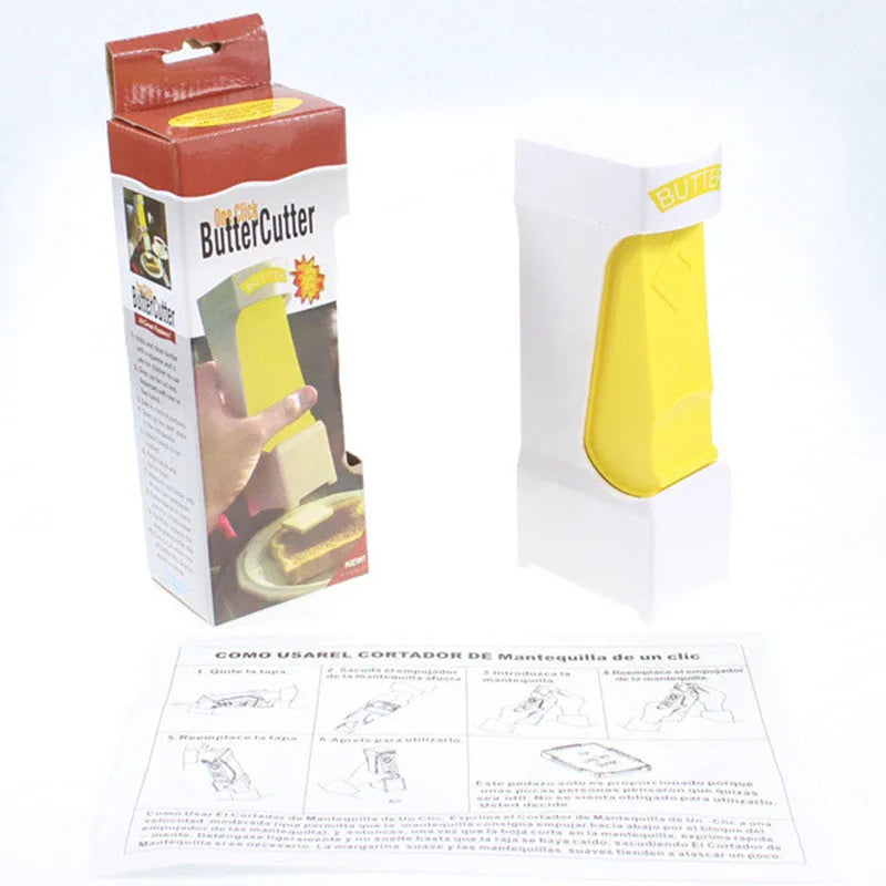 Yellow stick butter cutter cheese slicer one-button dispenser with ABS body and stainless blades on white background