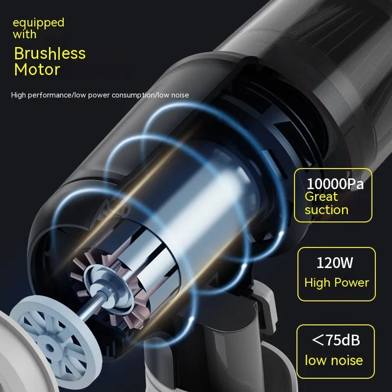 Car wireless handheld vacuum cleaner with strong suction, 4000mAh battery, and Type-C charging port, black model with attachments