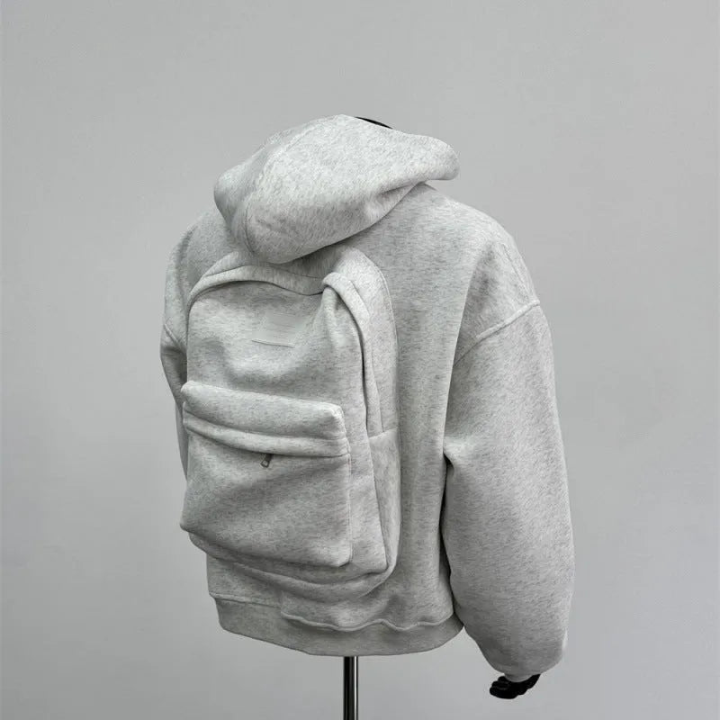 Hooded men's coat in light gray with backpack-style front pocket, polyester cotton blend, casual fit
