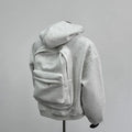 Hooded men's coat in light gray with backpack-style front pocket, polyester cotton blend, casual fit
