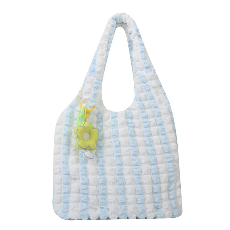 Pleated bubble bag women sweet flower design polyester soft vertical square crossbody shoulder bag with pendant in beige