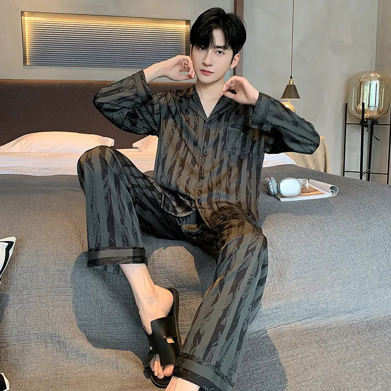 Ice silk men's pajama set with V-neck long sleeve top and thin trousers in Black Stripes