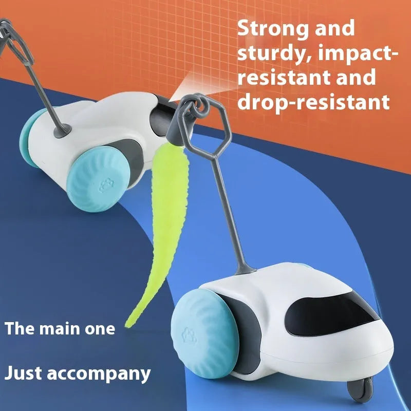 Electric cat toy in Light Gray Blue on a wooden floor, ABS construction, Type-C charging port visible