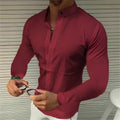 Men's pure coloured imitation silk fabric shirt with stand collar in white, side view on hanger