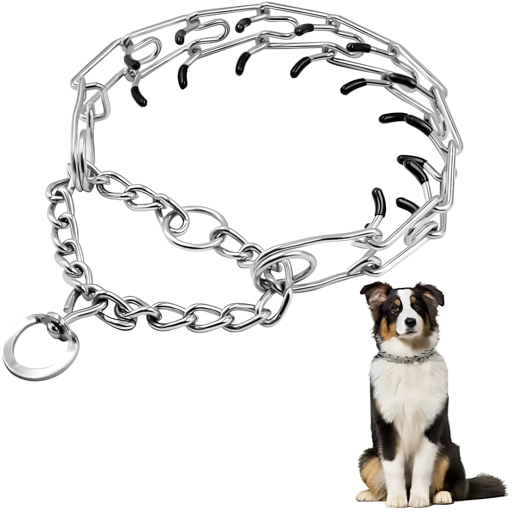 Stainless steel dog prong training collar with black comfort rubber tips on adjustable chain links.