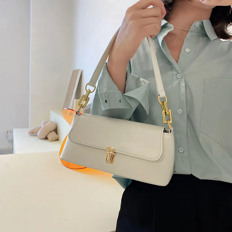 French casual western style PU underarm bag with shoulder chain, horizontal square shape, sandwich pocket, street-trend sewing thread detail