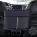 Black leather car seat gap storage bag with a carbon fibre pattern, shown in a vehicle.