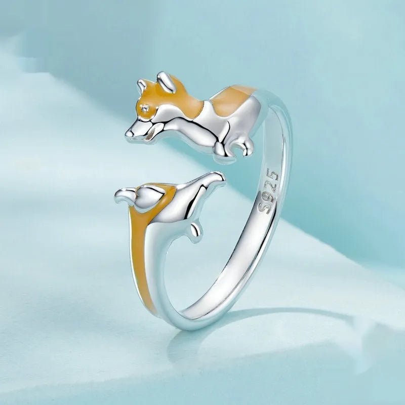 Silver cartoon corgi pet ring for women, electroplated in SCR1014-E colour.