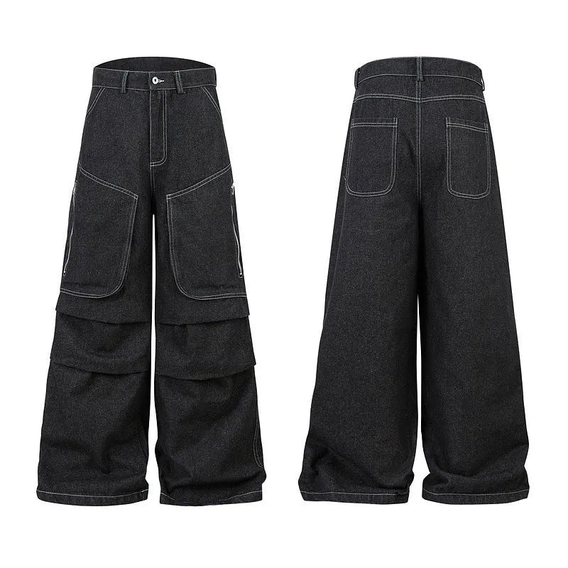 Black multi-pocket pleated workwear jeans made from cotton denim, mid-waist, zip placket, on display for teenagers