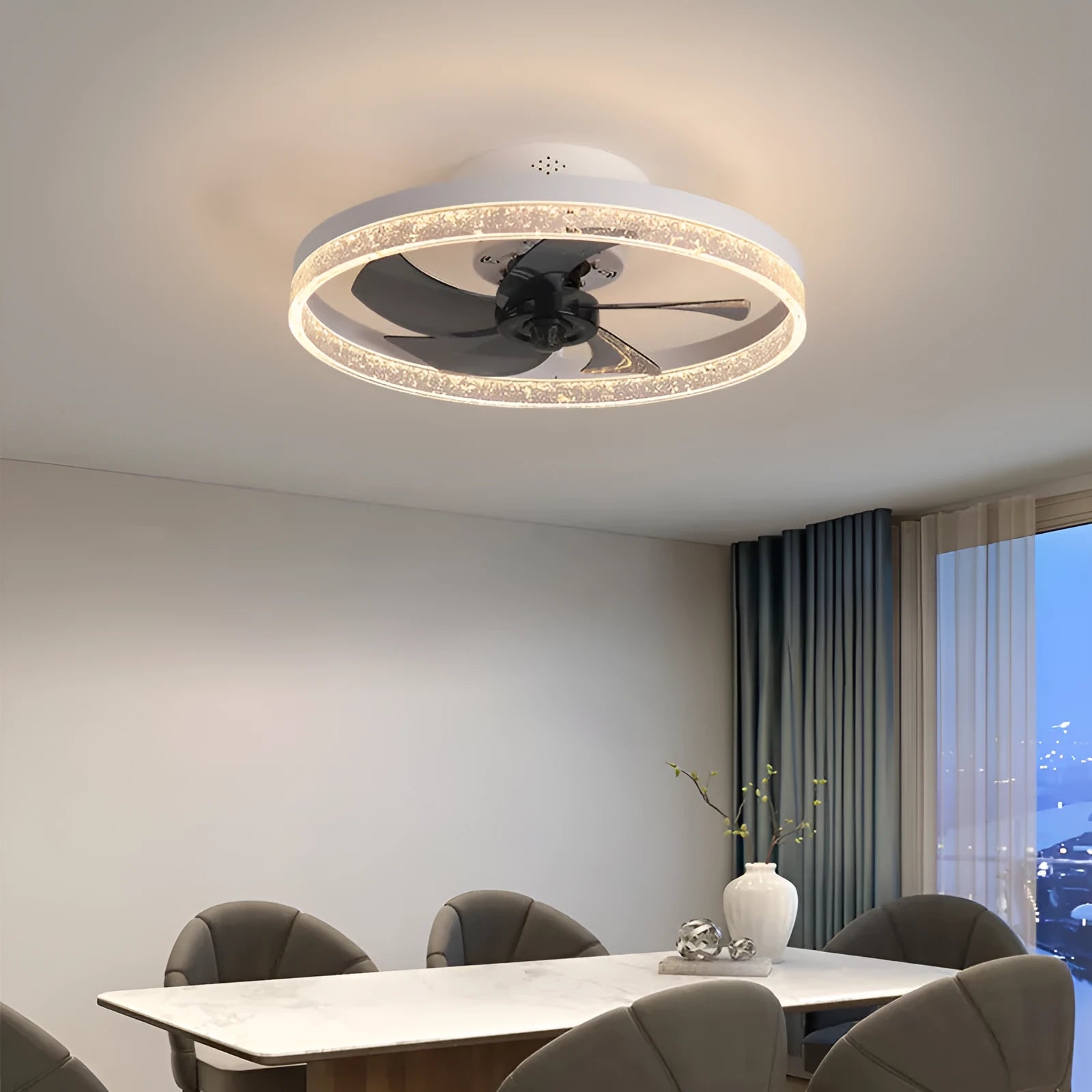Nordic style remote control ceiling fan lamp with LED light and 50cm diameter.