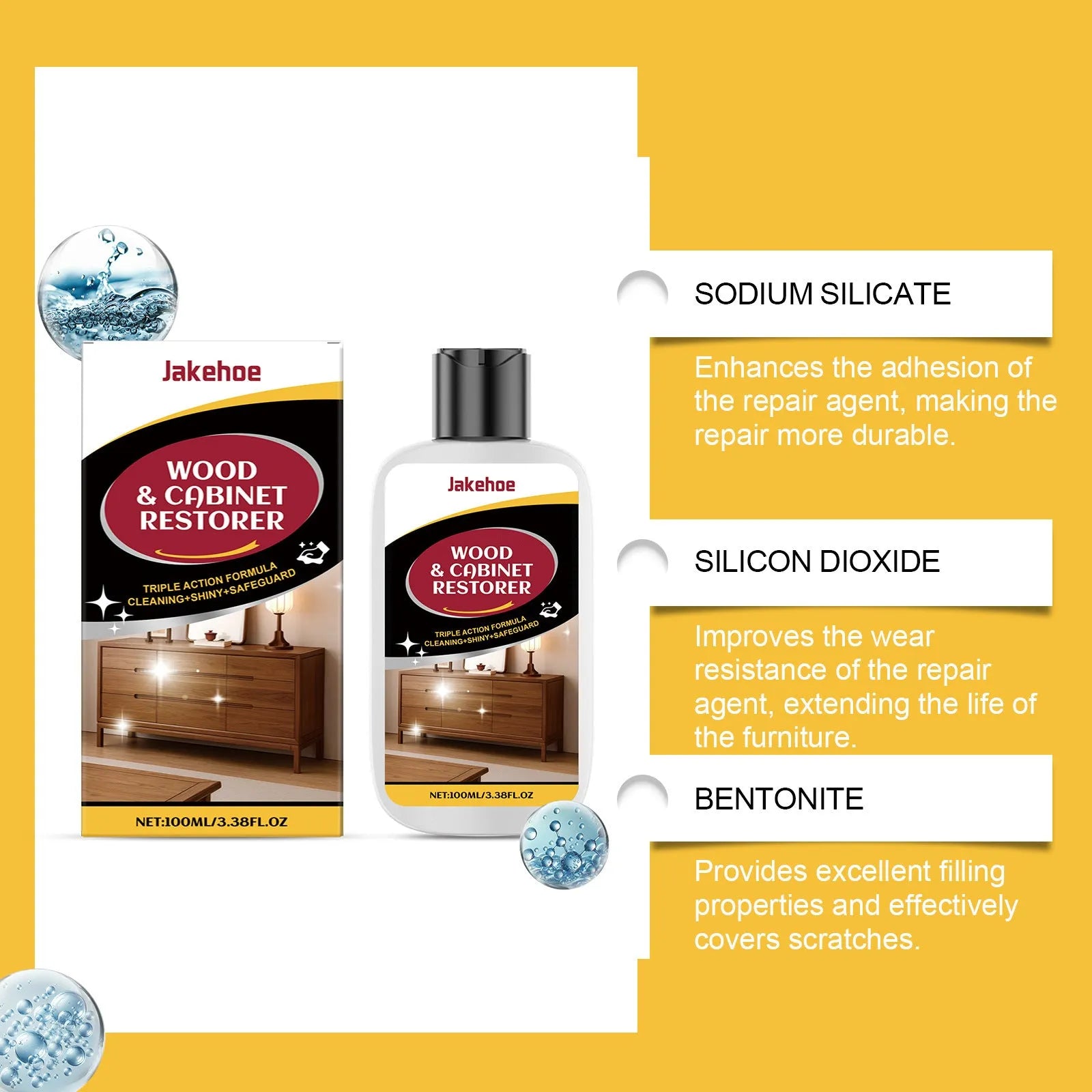 Wood furniture scratch care agent kit showing 100ml bottle and microfiber cloth for wooden surface maintenance