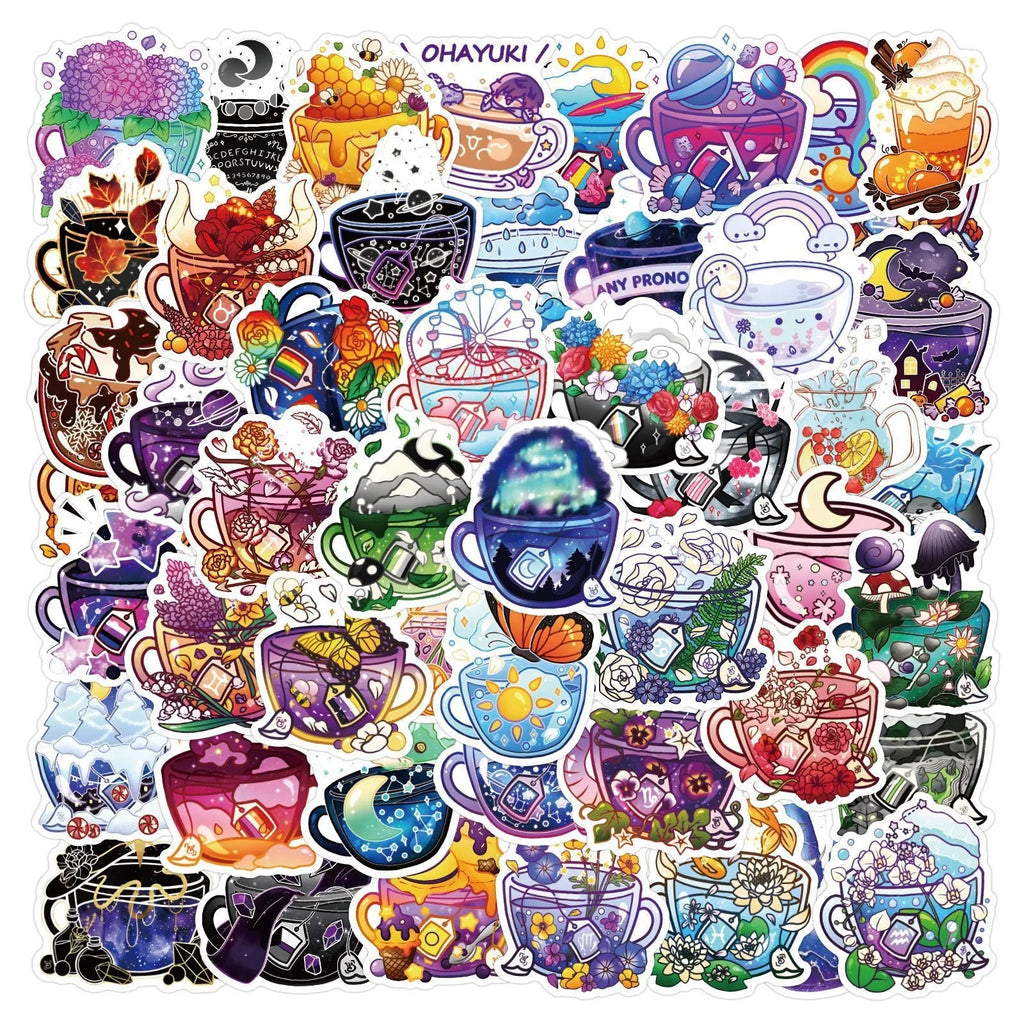 Pack of 50 colourful tea cup graffiti waterproof vinyl stickers in Nordic style for luggage and scooters.