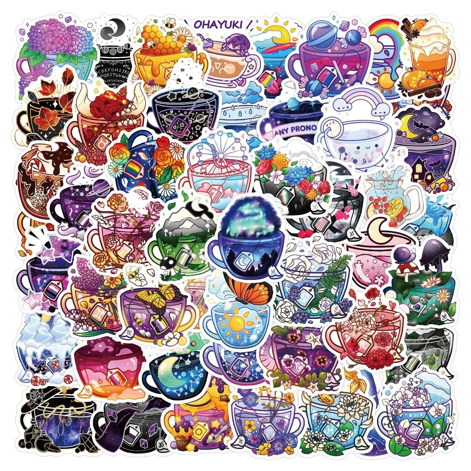Pack of 50 colourful tea cup graffiti waterproof vinyl stickers in Nordic style for luggage and scooters.