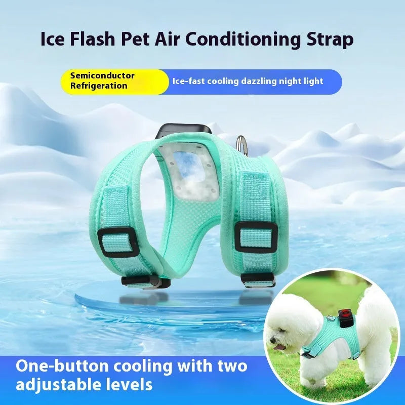 Mint green dog cooling vest harness with LED lights and leash for small breeds