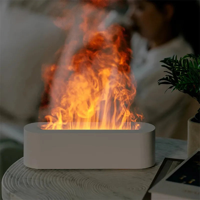 Flame aroma diffuser ultrasonic cool mist humidifier with 7 colour LED and realistic fire effect, square plastic design