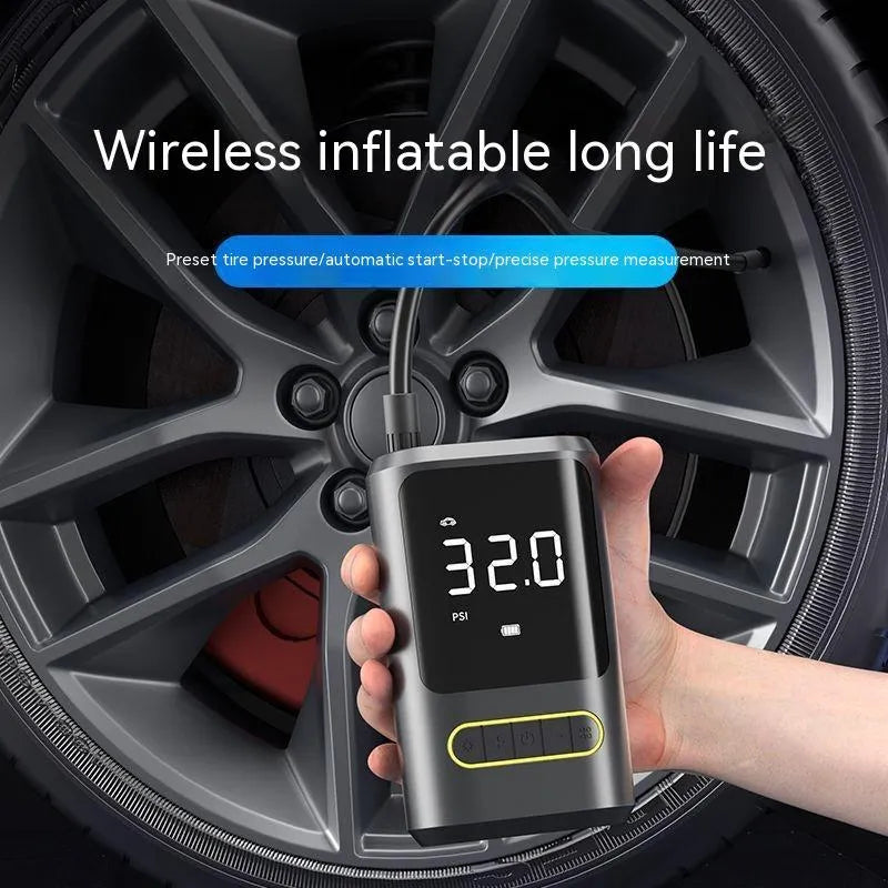 Handheld wireless digital display air pump with LED light and assortment of air nozzles