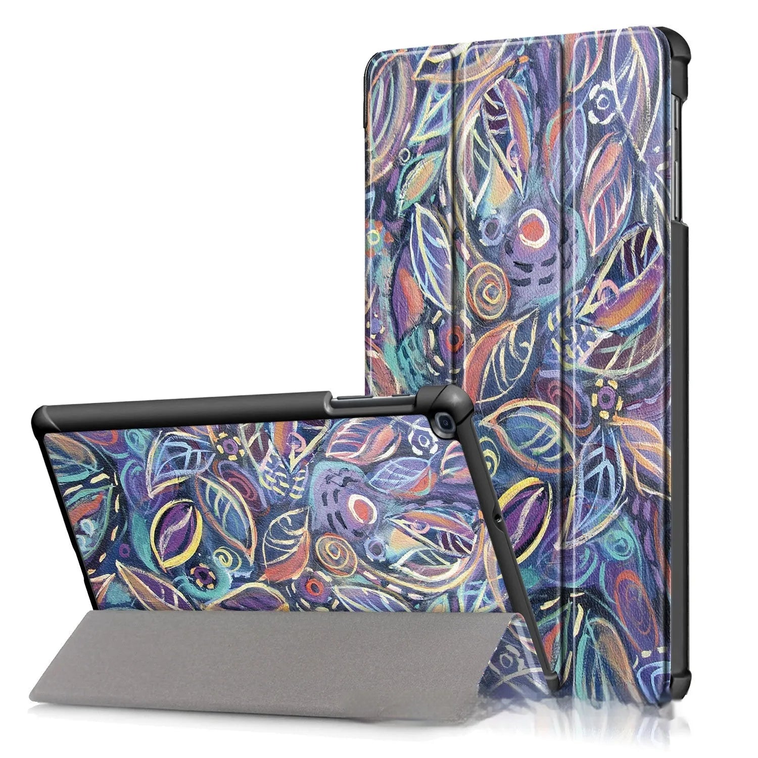 Plastic flip cover tablet case with tri-fold stand showing cartoon butterfly pattern