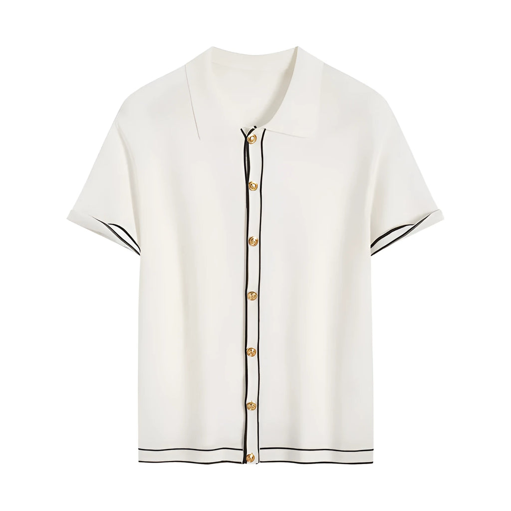 White women's short sleeve cardigan with contrast colour lapels on a hanger