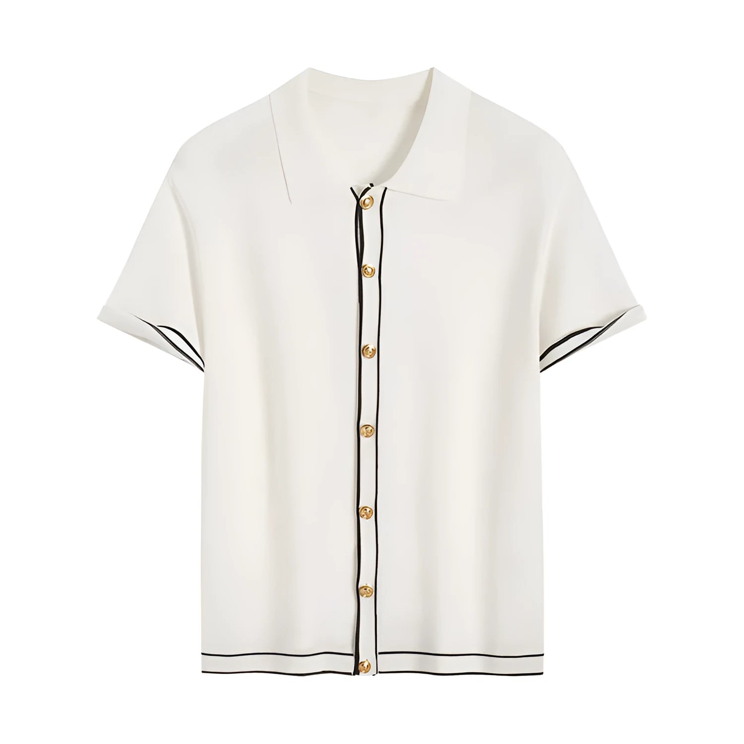White women's short sleeve cardigan with contrast colour lapels on a hanger