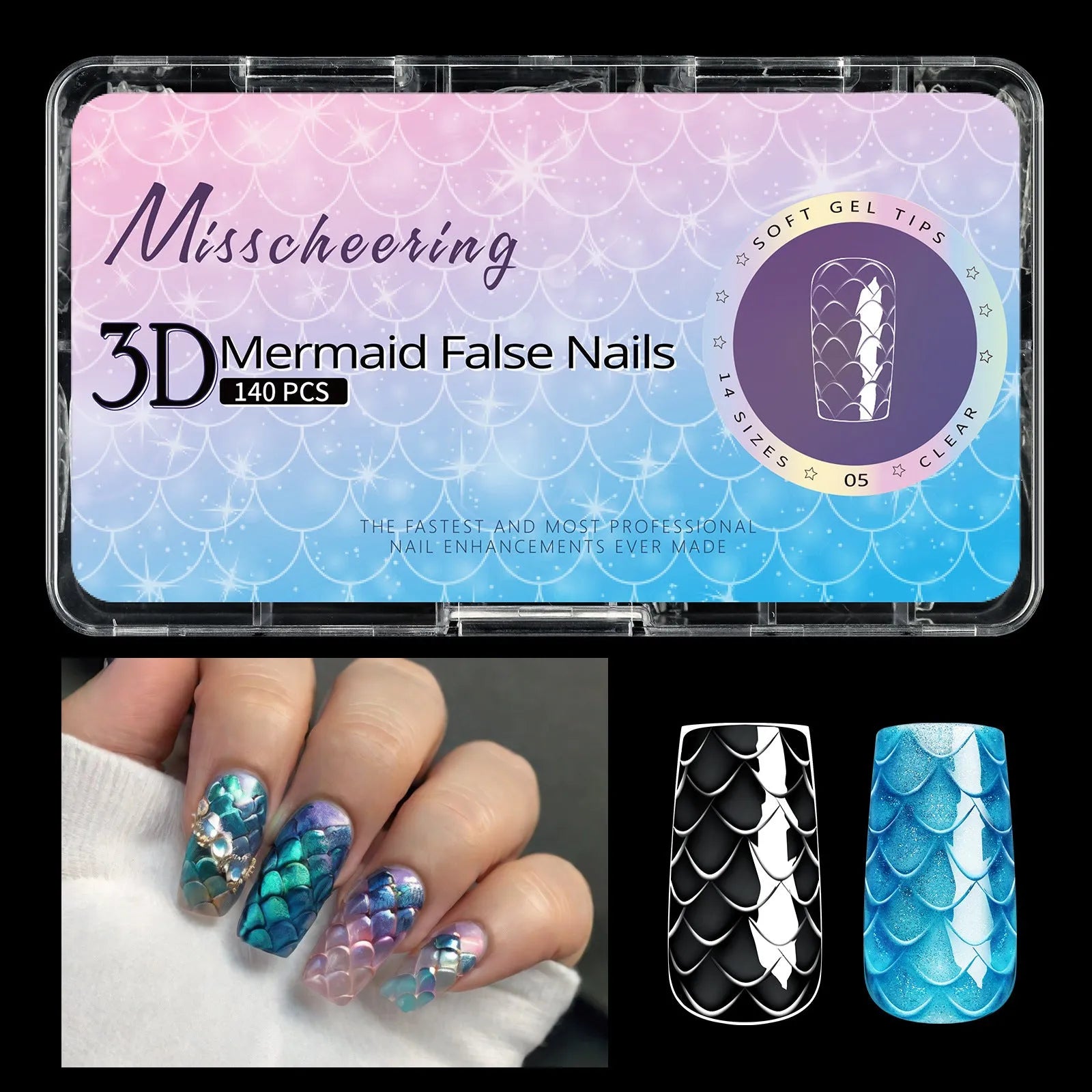 3D scale long shaping nail tips in Frigate box packaging with multiple colour options for nail extension use
