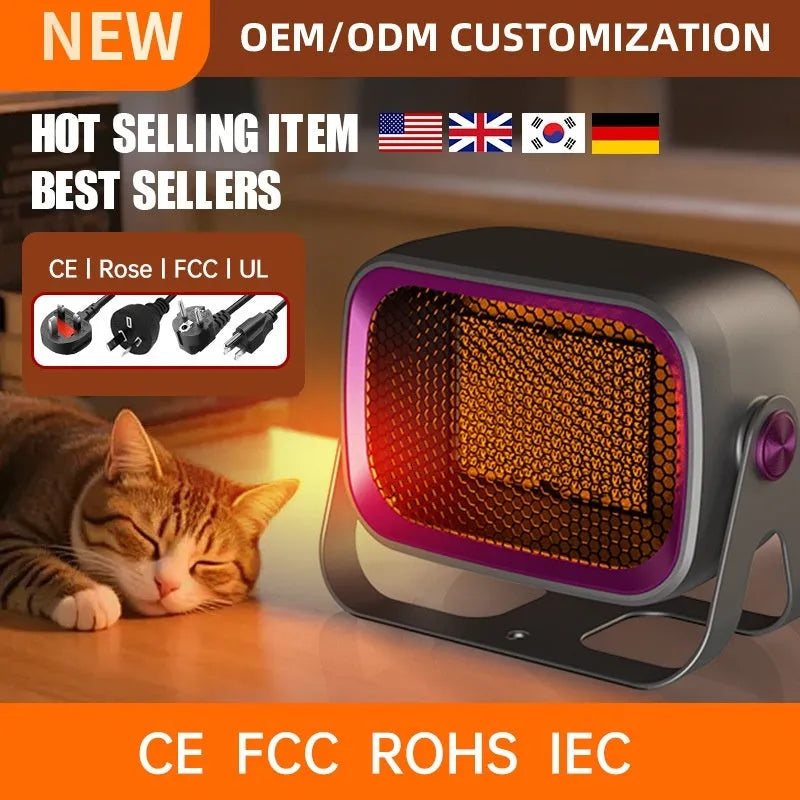 White desktop ceramic heater with rotating base and push-button controls