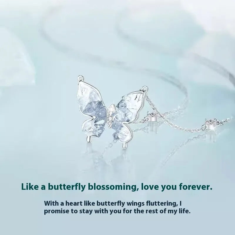 925 silver butterfly pendant necklace with ice rain detailing on 41-50cm O-ring chain