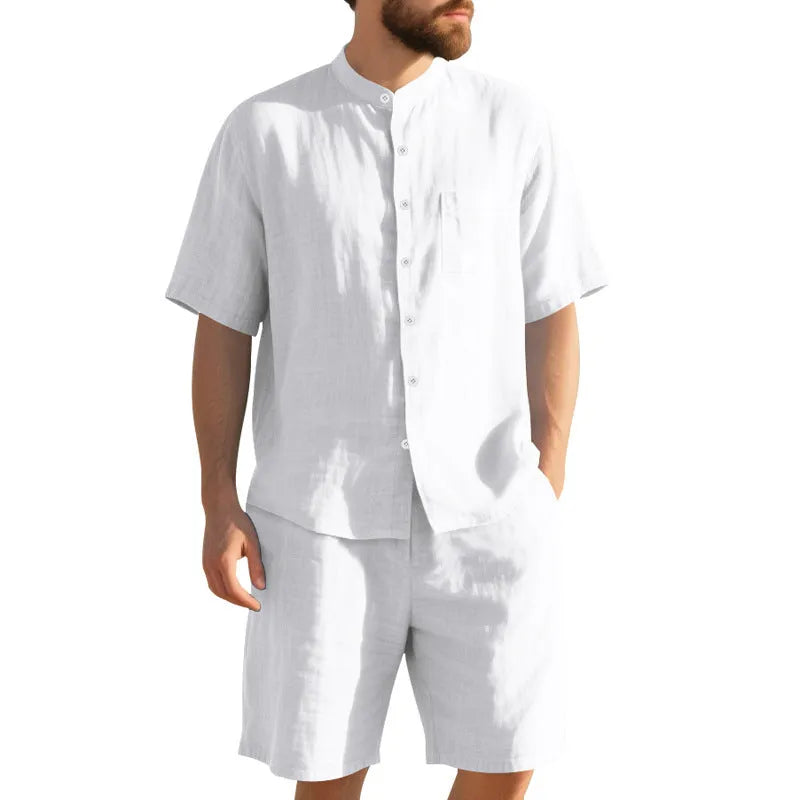 Men's light blue linen blend summer suit with short sleeve shirt jacket and matching shorts