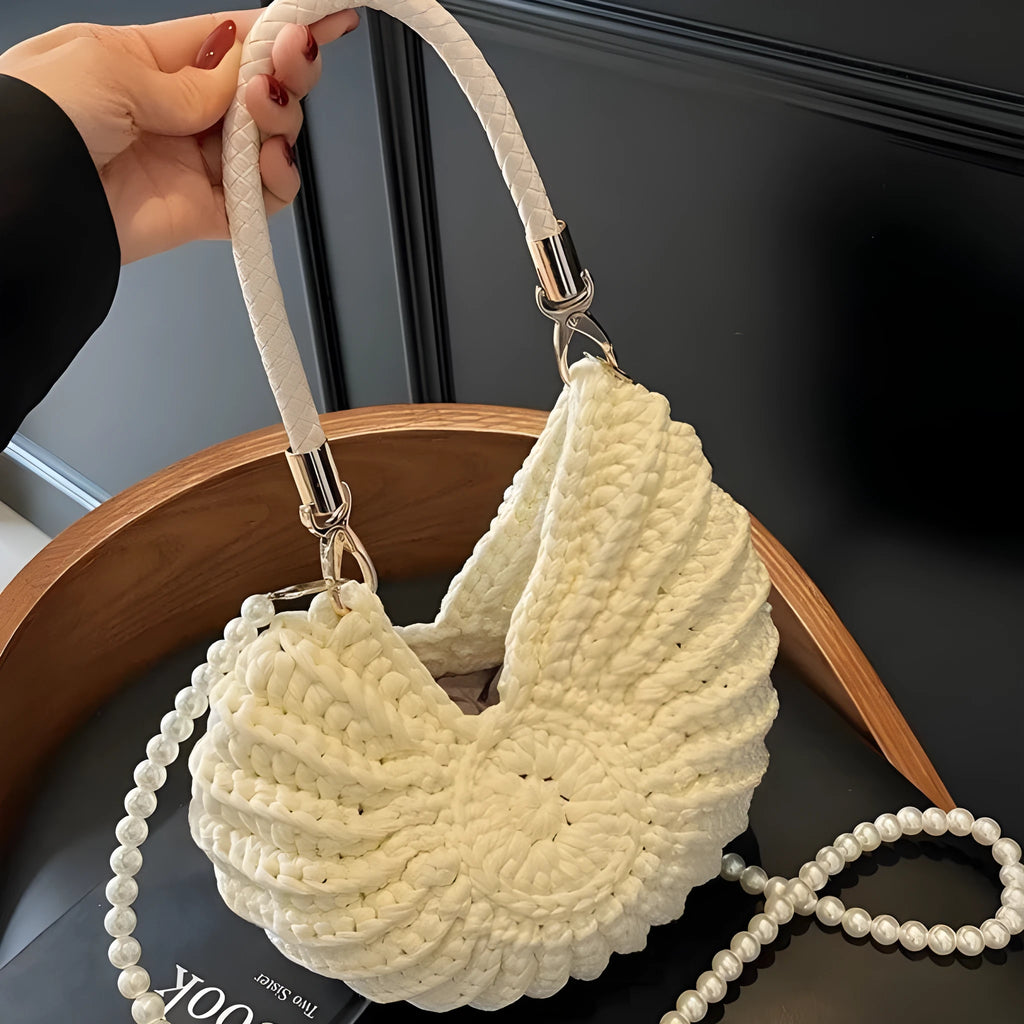 Handmade woven bag women's finished product shell shape cloth double shoulder straps milky white