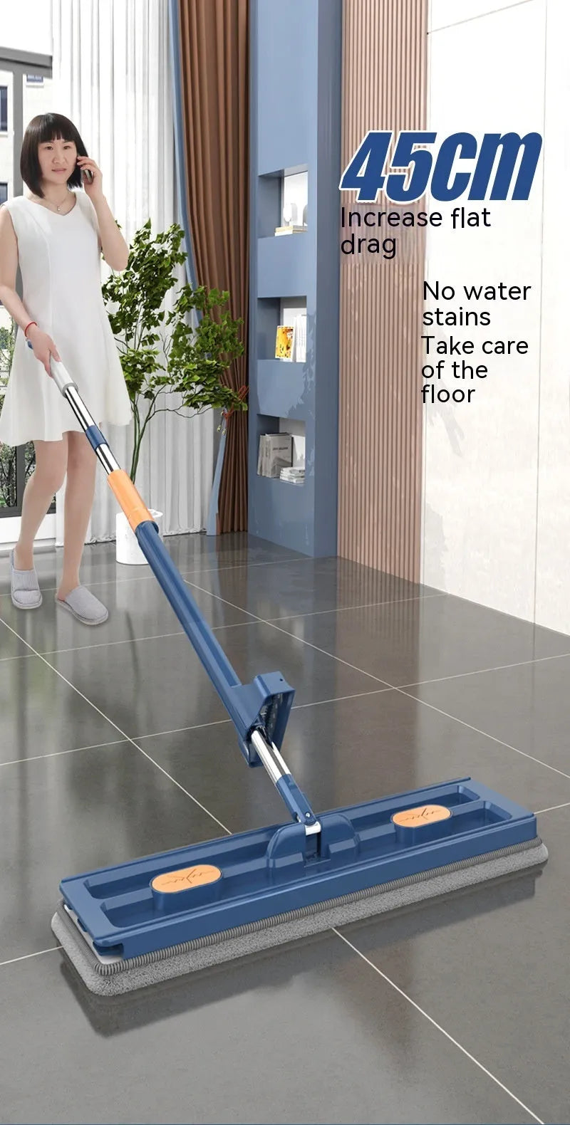 Large flat mop with rotating blue head on stainless steel handle next to white and blue cleaning cloths