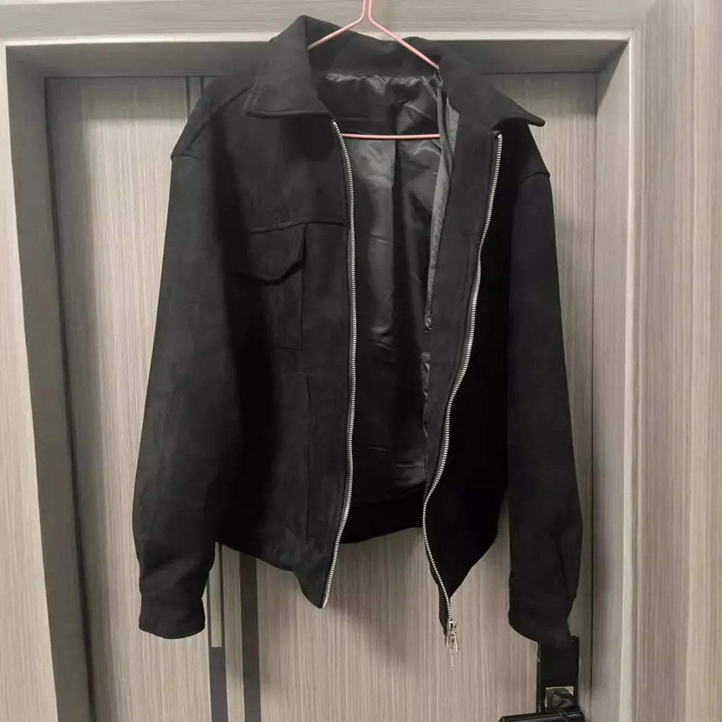 Thickened zipper big pocket jacket coat slim fit long sleeve straight hem polyester lining camel black dark gray