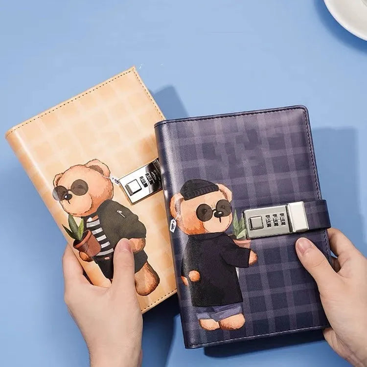 B6 lockable password notebook with PU hard cover in blue check design